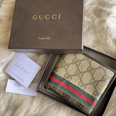 #ad Gucci Bifold Wallet Sherry Line Beige Dark Brown PVC Canvas Leather Box Unisex
