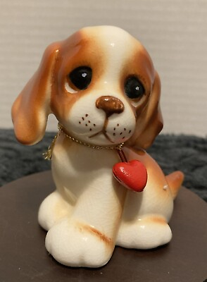 #ad Vintage Berry Beagle Ceramic Puppy Dog With Red Heart Charm Collar Figurine