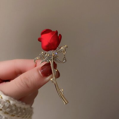#ad Fashion Red Rose Flower Enamel Crystal Brooch Pin Corsage Bouquet Women Jewelry