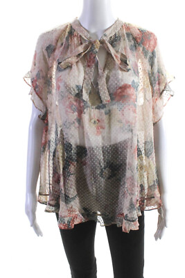 #ad Zimmermann Womens Chiffon Floral V Neck Short Sleeve Blouse Top Beige Size 3