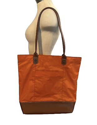 #ad WILSONS LEATHER Large Orange Brown Trim Tote Canvas Shoulder Bag