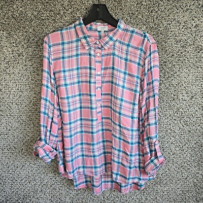 #ad Crown amp; Ivy Top Womens XL Pink Plaid Button Popover Collared Casual Ladies