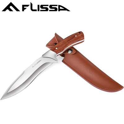 #ad FLISSA 11 5 8quot; Fixed Blade Full Tang Hunting Knife Wood Handle w Leather Sheath