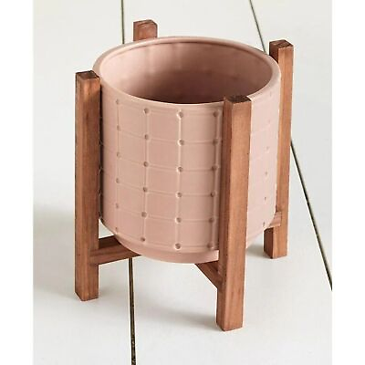 #ad Ceramic Planter on Wood Stand Soft Pink Textured Design 8 dia. x 8 1 4 inch NEW