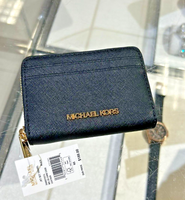 #ad Michael Kors Jet Set Women Medium Zip Around Card Case Coin Pouch Wallet Black