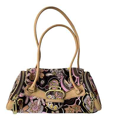 #ad Cole Haan Floral Barrel Bag Mod Print Flap Zip Sides Handbag Purse Retro Y2K