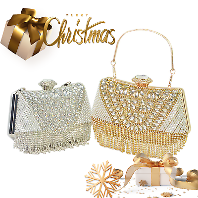 Women#x27;s Evening Bags Sparkly Glitter Rhinestone Tassel Purse with Chain Clutch $22.99