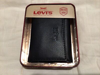 #ad Levi#x27;s Men#x27;s RFID Blocking Coated Leather Trifold Wallet Black New in Tin Box