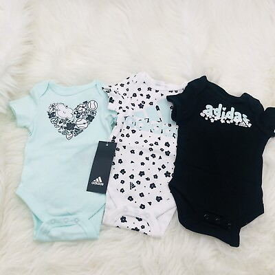 #ad New Adidas Girls Infant 3 Piece Bodysuit Set Size 0 3 Months Black White Green