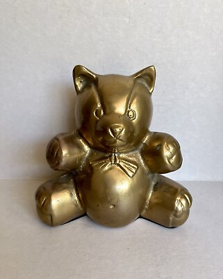 #ad Vintage Brass Teddy Bear Figurine Statue Sculpture Paperweight Animal 3D Etched