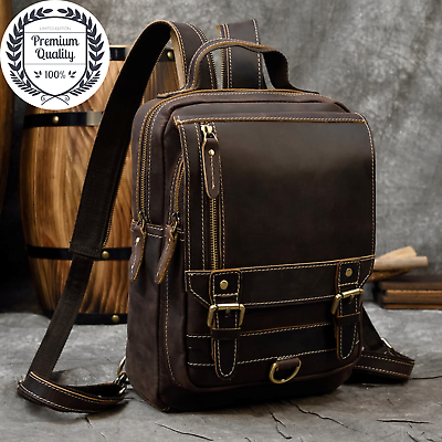 #ad MEN GENUINE LEATHER Designer Dual Use Bag Stylish Mini Chest Crossbody Backpack