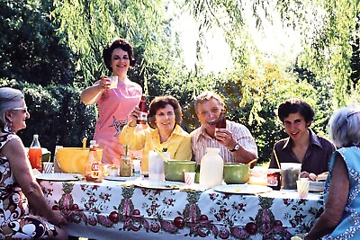 #ad Vtg 1972 Photo Slide Family Back Yard Party Schaefer Beer Bottles Catsup X3R045