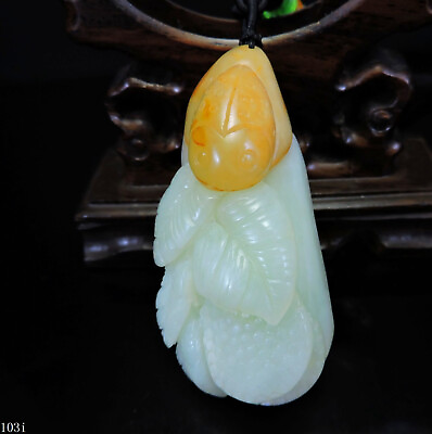 #ad 100% Natural Hand carved Jade Pendant Jadeite Necklace beetleamp;leaves coin 103i