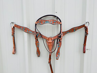 #ad Multi Colors Leather Headstall and Breast Collar Set Floral Tooled Free Shipping