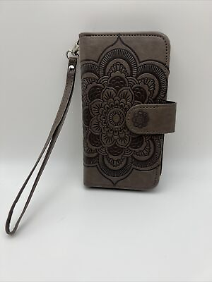 #ad iPhone 6 Wallet Case Card Leather Flip Cover With Wrist Strap Brown Flower EUC