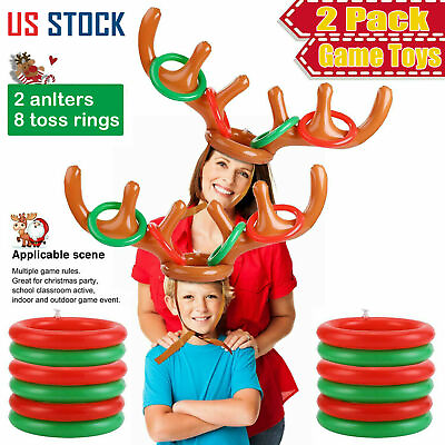 #ad 2 Pack Inflatable Christmas Reindeer Antler Hat Toss Ring Family Party Game Toys