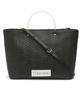 #ad Calvin Klein XL Tote Morgan Woven Novelty Large Black Handbag Snap Closure NWT