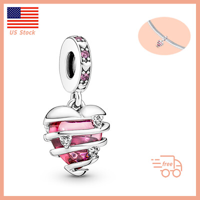 #ad Authentic Pink Heart Dangle Charm Sterling Silver Gift Women Charm Bracelets