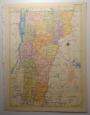 #ad 1955 Antique VERMONT Atlas Map Vintage MCM Hammond#x27;s New Supreme World Atlas