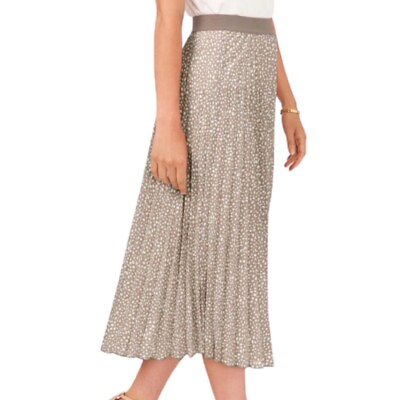 #ad Vince Camuto Womens Midi Skirt Size Large Tan Splatter Dot Accordion Pleated
