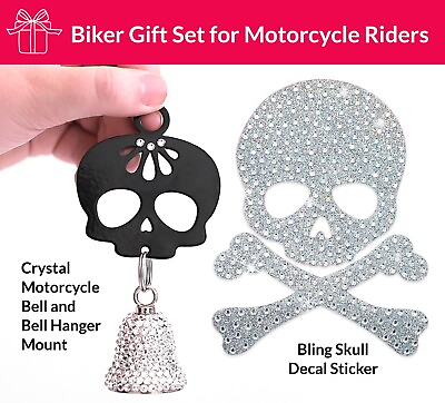 #ad Biker Gift Set Crystal Motorcycle Bell Sugar Skull Bell Hanger Mount amp; Decal