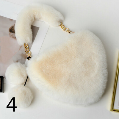 Women Girls Faux Fur Shoulder Bag Handbag Furry Fluffy Heart Pom Pom Cute Bags $23.79