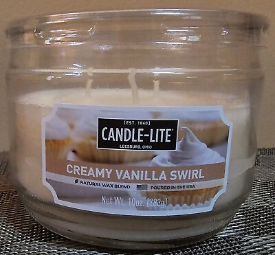 #ad CANDLE LITE Scented 3 Wick Candle in Glass Jar; Creamy Vanilla Swirl; 10 oz