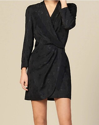 #ad Women#x27;s Sandro Paris Black Jacquard Short Wraparound Dress Size 36 Retail $415