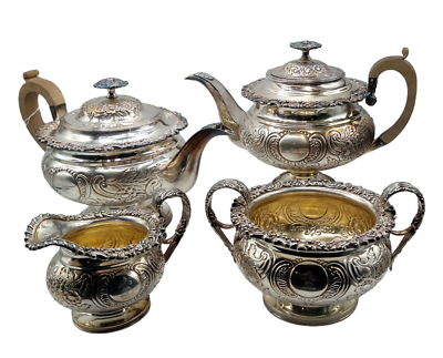 #ad Ornate 4 Pc. Victorian Repoussé English Silver Tea amp; Coffee Set Shrubsole London