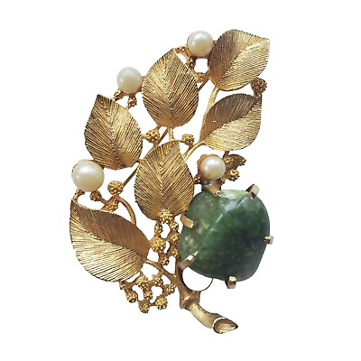 #ad Vintage Signed Lisner Jeweled Gold Tone Leaf Pin Broach Jade Faux Pearls