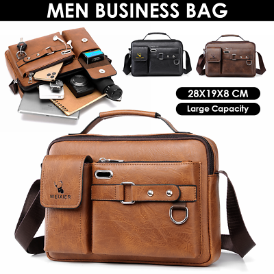 Men#x27;s Shoulder Messenger Bag PU Leather Handbag Business Crossbody Bag Briefcase