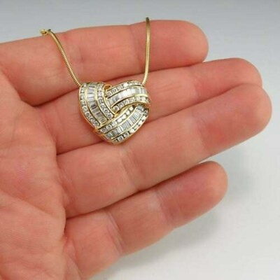 #ad 2.20Ct Round amp; Baguette Cut Diamond Heart Pendant Necklace 14K Yellow Gold Over
