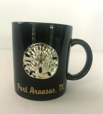 #ad Port Aransas Texas Silver Sand Dollar Shell Black Coffee Mug Cup