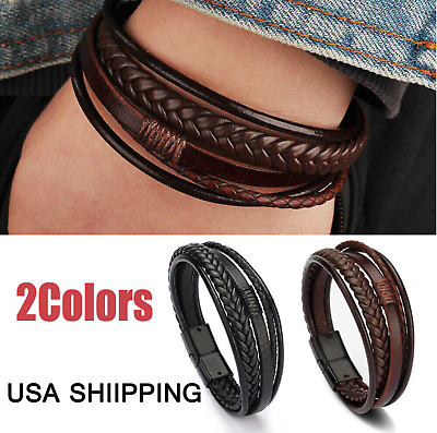 #ad Men Jewelry Black Braided Leather Bracelet Multi Layer Stainless Steel Clasp US