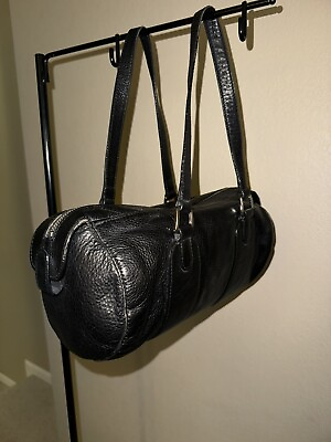 #ad Ann Taylor Black Leather Barrel Bag Zip Top Purse 90s Y2K