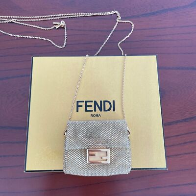 #ad FENDI Pico Baguette Charm Yellow gold Micro glass bead Chain Crossbody Bag w Box