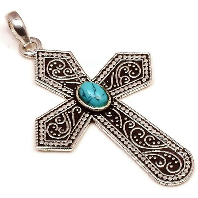 #ad Blue Turquoise Oval Gemstone Handmade Oxidized Engraved Vintage Cross Pendant