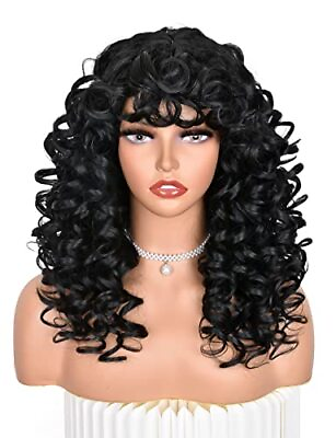 Black Curly Wigs for Black Women Long Curly Afro Wig with Bangs for Women Big...