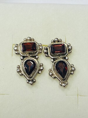 #ad sterling silver 925 Drop Dangle Garnet Beaded Edge earrings1 “ Long