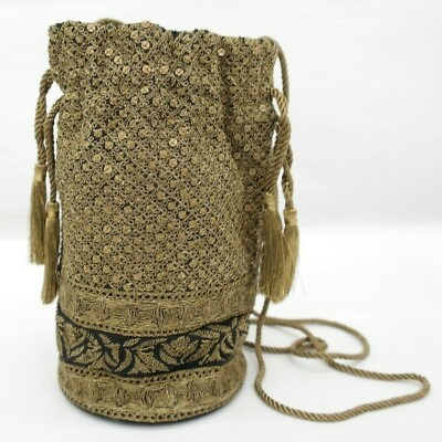 #ad Gold Tone Thread amp; Sequined Bucket Bag Crossbody Purse with Drawstring TF