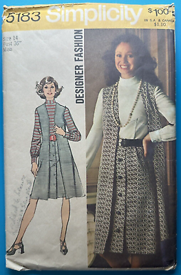 #ad Designer Fashion Pattern Dress Long Vest Simplicity 5183 Size 14 1970#x27;s Vintage