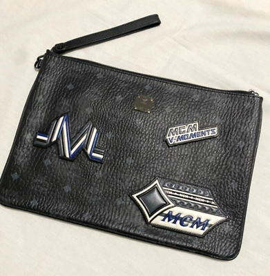#ad NearMint MCM clutch bag navy leather 01007