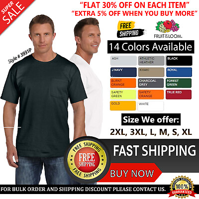 #ad Fruit Of The Loom Mens T Shirt Blank Cotton Plain Pocket T Shirt 3931P XL 3XL