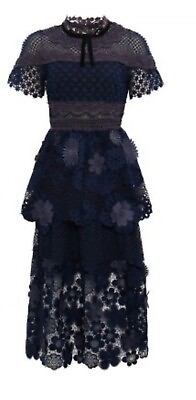 #ad Self portrait Navy Blue Floral Lace And Mesh MIDI Dress Size 8