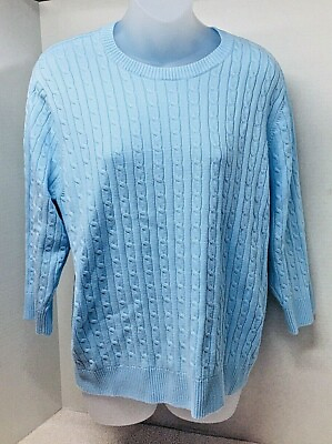#ad Jeanne Pierre Women#x27;s XL Pull Over Cable Knit Sweater Soft Baby Blue Cotton