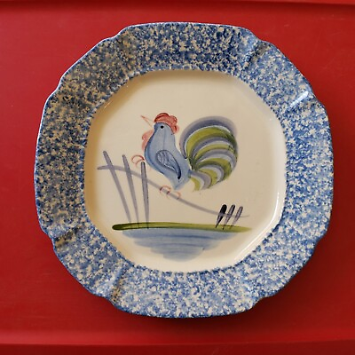#ad Vintage LA Pottery blue sponge ware plate with hand painted stylized rooster