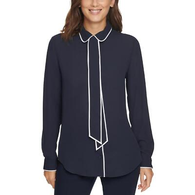 #ad DKNY Womens Navy Piping Collared Tie Front Button Down Top Blouse S BHFO 8754