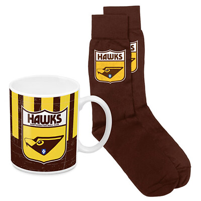 #ad Hawthorn Hawks AFL Heritage Ceramic Coffee Mug Cup Jacquard Knit Socks Gift