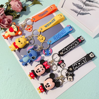 #ad 8 Styles New Cute Disney Mickey Stitch Cartoon PVC Pendant Keychains Key Rings