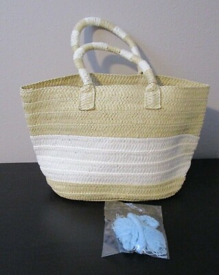 #ad Altru Tan White Stripe Straw Wicker Tote Purse Beach Bag Blue Tassel 16 x 10 NEW